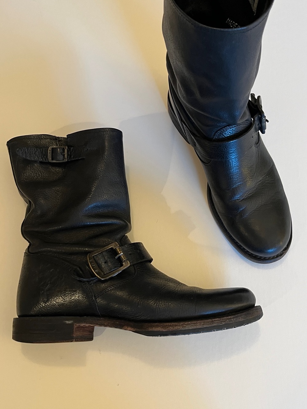 Frye Black Leather Harness Moto Boots - Buckle Detail